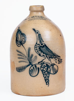 W.H. FARRAR & CO. / GEDDES, NY Stoneware Jug w/ Elaborate Bird on Branch Motif