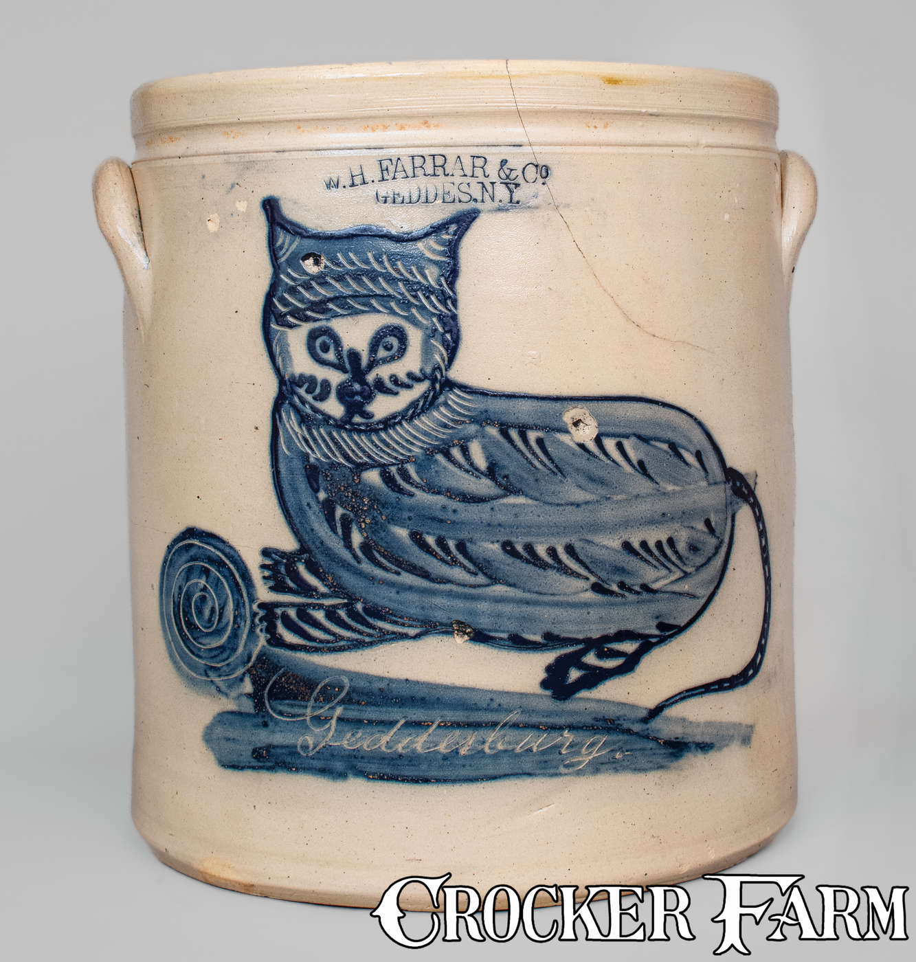 Important W. H. FARRAR / GEDDES, N.Y. Stoneware Crock w/ Elaborate Cat Decoration, Inscribed