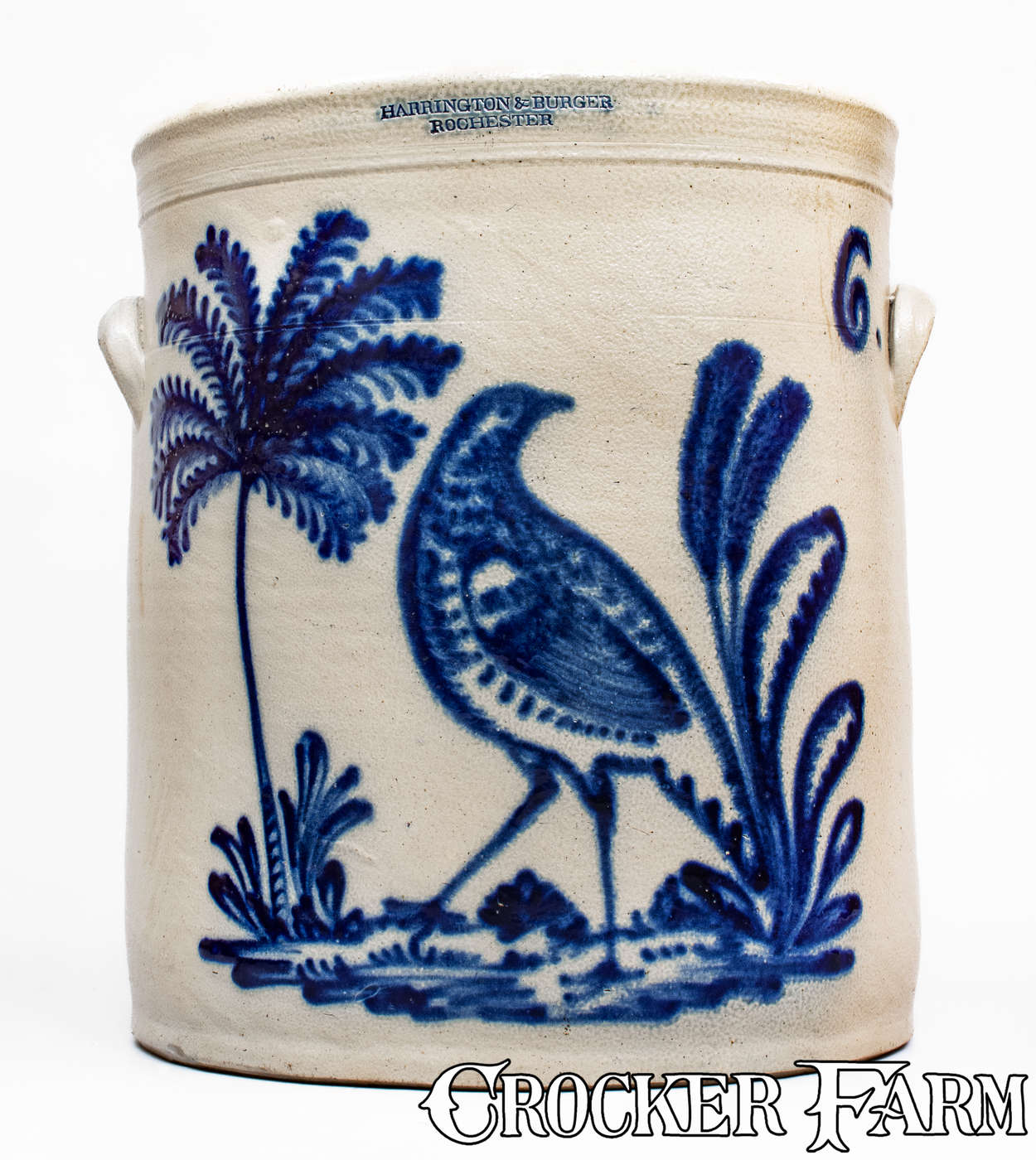 Exceptional 6 Gal. HARRINGTON & BURGER / ROCHESTER Stoneware Crock w/ Elaborate Game Bird Decoration