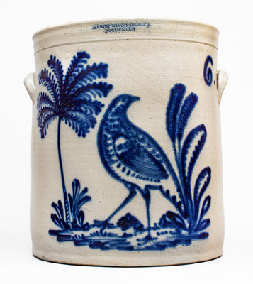 Exceptional 6 Gal. HARRINGTON & BURGER / ROCHESTER Stoneware Crock w/ Elaborate Game Bird Decoration