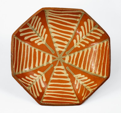 Extremely Rare Octagonal Pennsylvania Redware Dish w/ Profuse Two-Color Slip Decoration