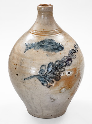 Outstanding att. Jonathan Fenton (Boston) Stoneware Jug w/ Impressed Fish and Incised Seaweed, late 18th century
