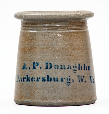 Rare A. P. DONAGHHO / PARKERSBURG, W. VA / 1876 Stoneware Top Hat Canning Jar