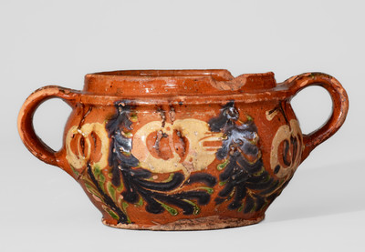 Southeastern PA Redware Sugar Bowl w/ Elaborate Three-Color-Slip Decoration