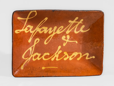 Exceedingly Rare Norwalk, CT Redware Loaf Dish: Lafayette & Jackson