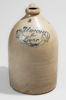 Rare Union Forever Stoneware Jug w/ Clasped Hand Decoration, Civil War Era, attrib. Manhattan