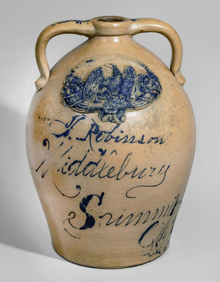 Outstanding J. Robinson / Middlebury / Summit Co / Ohio Double-Handled Stoneware Eagle Jug