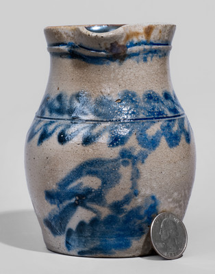 Very Rare Petite Stoneware Pitcher w/ Elaborate Cobalt Bird Decoration, Fort Edward, New York