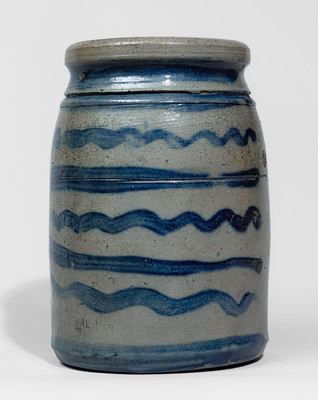 Rare and Fine Small-Sized Western Pennsylvania Stoneware Canning Jar w/ Elaborate Freehand Stripe Decoration