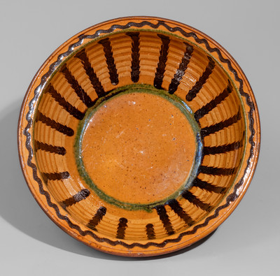 Exceptional Redware Bowl w/ Profuse Three-Color Slip Decoration, attrib. Henry Adam, Hagerstown, MD, c1805-19