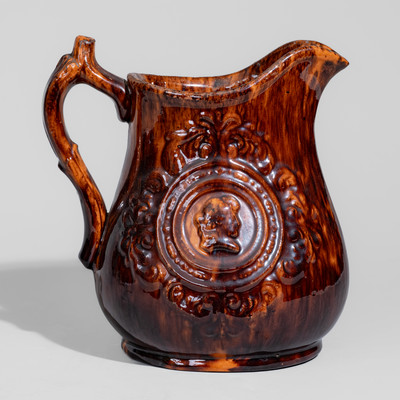 Unusual Molded Redware Pitcher attrib. John Bell, Waynesboro, PA, c1850-80