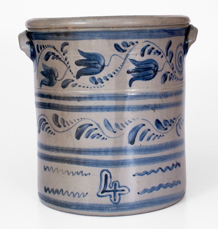 Exceptional 4 Gal. Western PA Stoneware Crock w/ Elaborate Freehand Floral and Vine Decoration