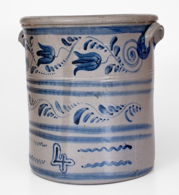 Exceptional 4 Gal. Western PA Stoneware Crock w/ Elaborate Freehand Floral and Vine Decoration