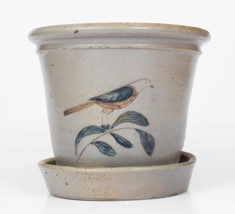 Extremely Rare Stoneware Flowerpot w/ Incised Bird Decoration, attrib. Gardiner, Maine