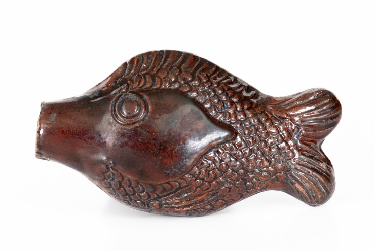 Rare and Fine Moravian Manganese-Glazed Redware Fish Bottle, Salem, NC, c1801-1829