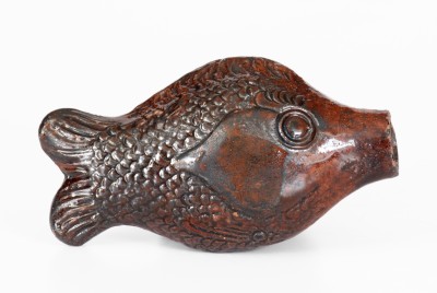 Rare and Fine Moravian Manganese-Glazed Redware Fish Bottle, Salem, NC, c1801-1829