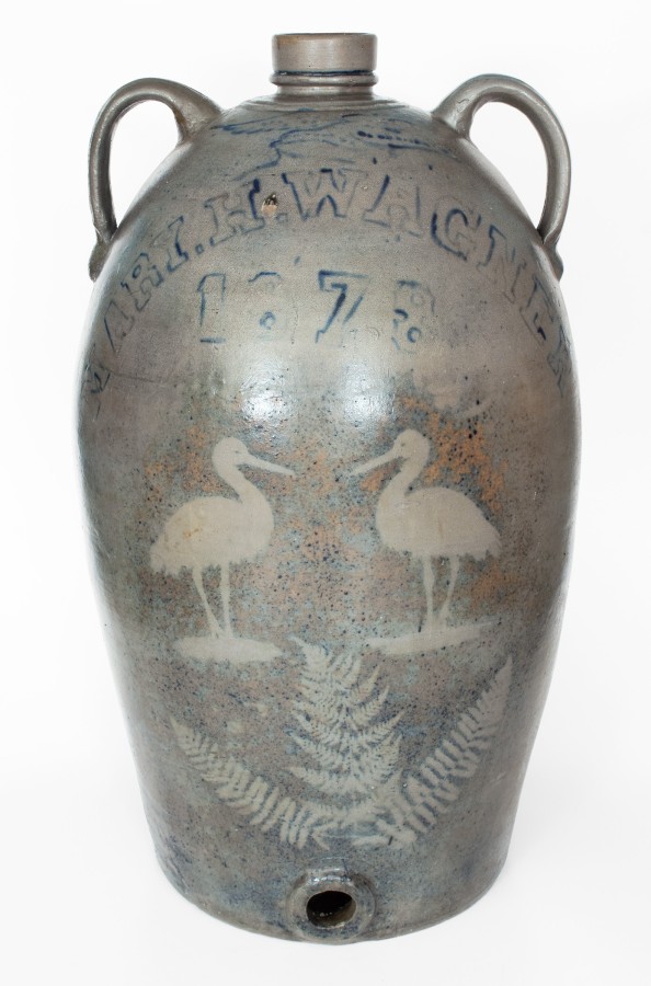 Important and Unique 30-Gallon Western PA Presentation Cooler w/ Stenciled Heron-and-Fern Motifs, 1878