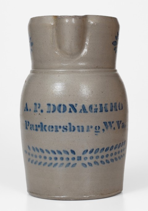 One-Gallon A.P. DONAGHHO / Parkersburg, W. Va. Cobalt-Decorated Stoneware Pitcher