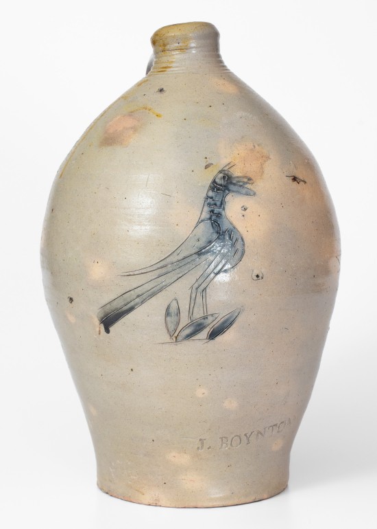 Extremely Rare J. BOYNTON (Albany, NY) Stoneware Jug w/ Incised Bird Decoration, c1816-18