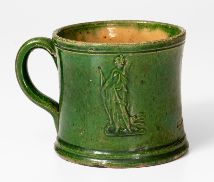 Possibly Unique J. BELL Copper-Glazed Redware Mug w/ Diana Motif, John Bell, Waynesboro, PA