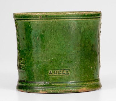 Possibly Unique J. BELL Copper-Glazed Redware Mug w/ Diana Motif, John Bell, Waynesboro, PA