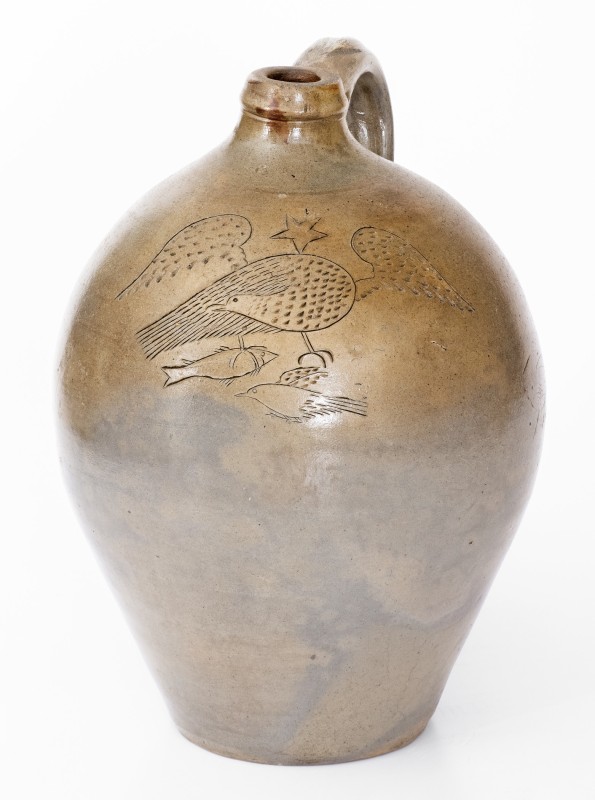 Rare Two-Gallon Stoneware Jug with Incised Eagle, Fish, and Bird Decorations, circa 1825