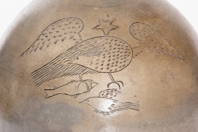 Rare Two-Gallon Stoneware Jug with Incised Eagle, Fish, and Bird Decorations, circa 1825
