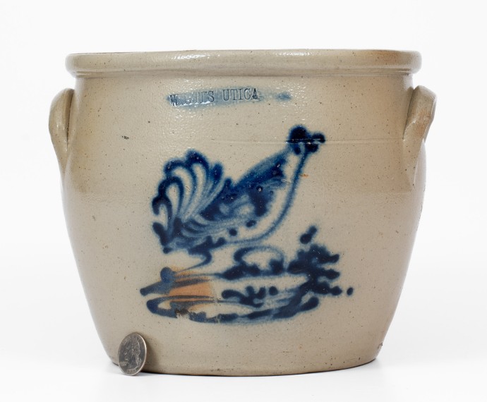 Exceptional WHITE S UTICA One-Gallon Stoneware Jar w/ Cobalt Rooster Decoration