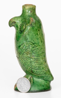 Extremely Rare Green-Glazed Moravian Redware Owl Bottle, Salem, NC, 1804-1820