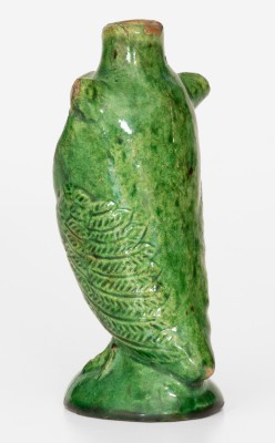 Extremely Rare Green-Glazed Moravian Redware Owl Bottle, Salem, NC, 1804-1820