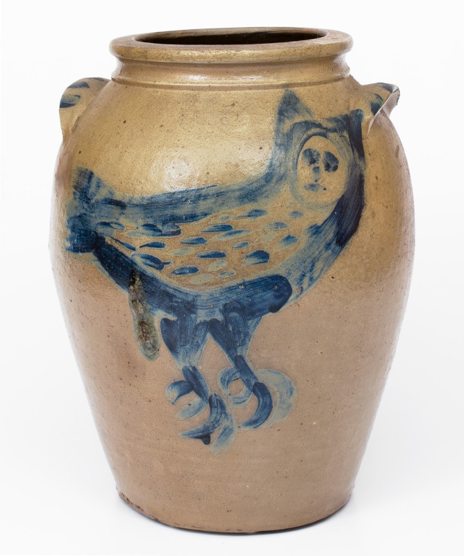 Outstanding Ohio Stoneware Jar w/ Elaborate Brushed Owl Decoration, circa 1860