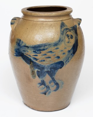 Outstanding Ohio Stoneware Jar w/ Elaborate Brushed Owl Decoration, circa 1860