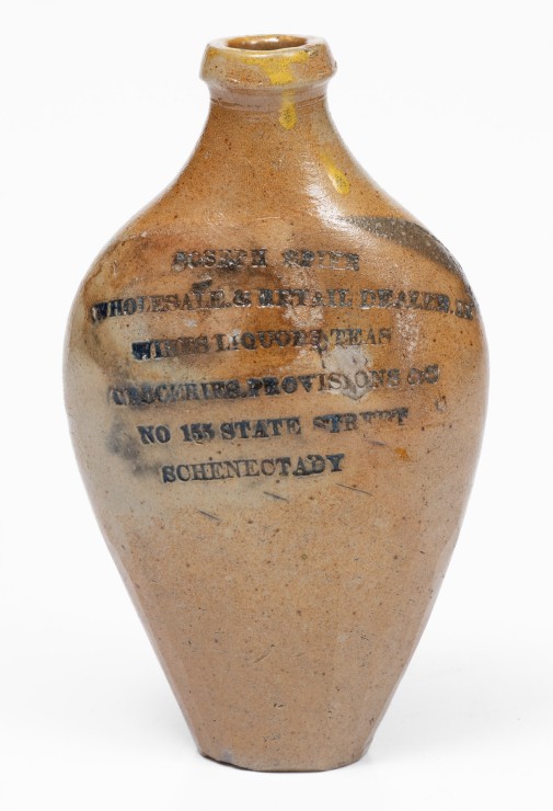 Very Rare Stoneware Flask w/ Elaborate Schenectady, NY Advertising