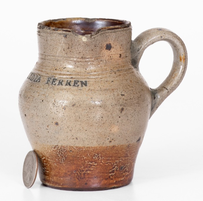 Important LYDIA FERREN, Charlestown, Mass., Stoneware Cream Pitcher, early 19th century