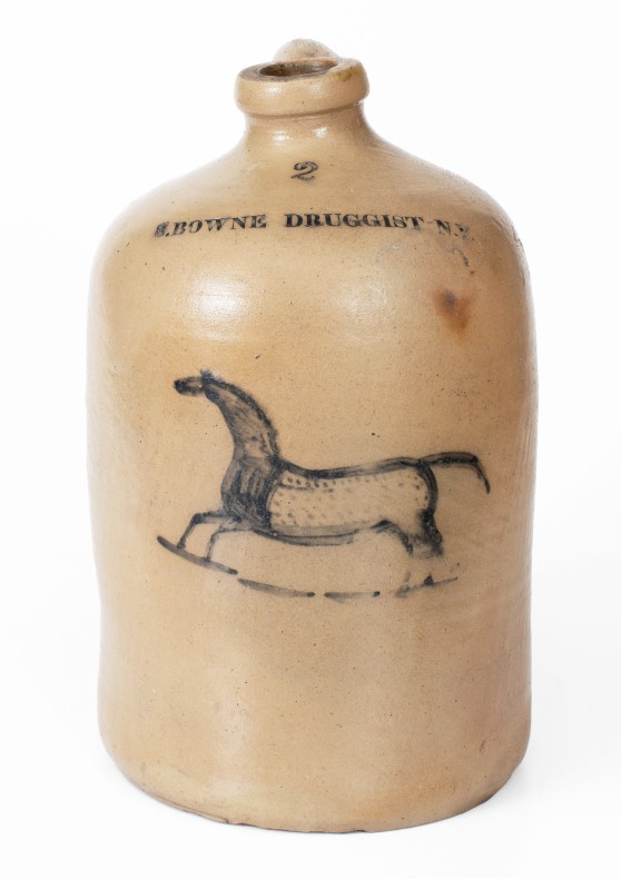 Extremely Rare New York City Stoneware Jug w/ Horse Decoration and Druggist Advertising