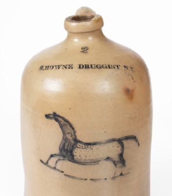 Extremely Rare New York City Stoneware Jug w/ Horse Decoration and Druggist Advertising