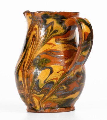 Exceptional New England Redware Cream Pitcher w/ Three-Color Marbled Slip Decoration, probably Norwalk
