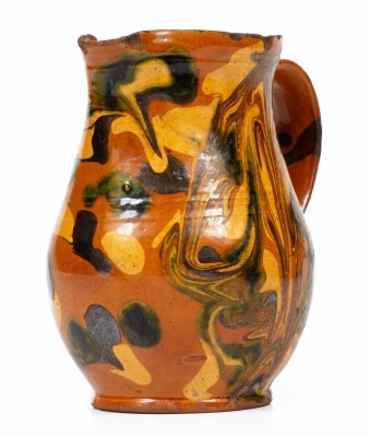 Exceptional New England Redware Cream Pitcher w/ Three-Color Marbled Slip Decoration, probably Norwalk