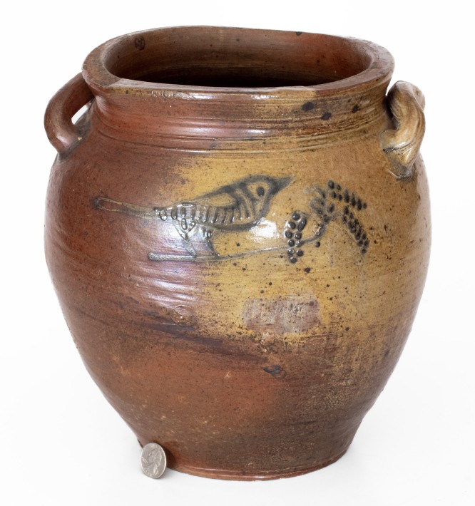 Exceedingly Rare and Important Adam States (NYC / NJ / CT) Stoneware Bird Jar, 18th century