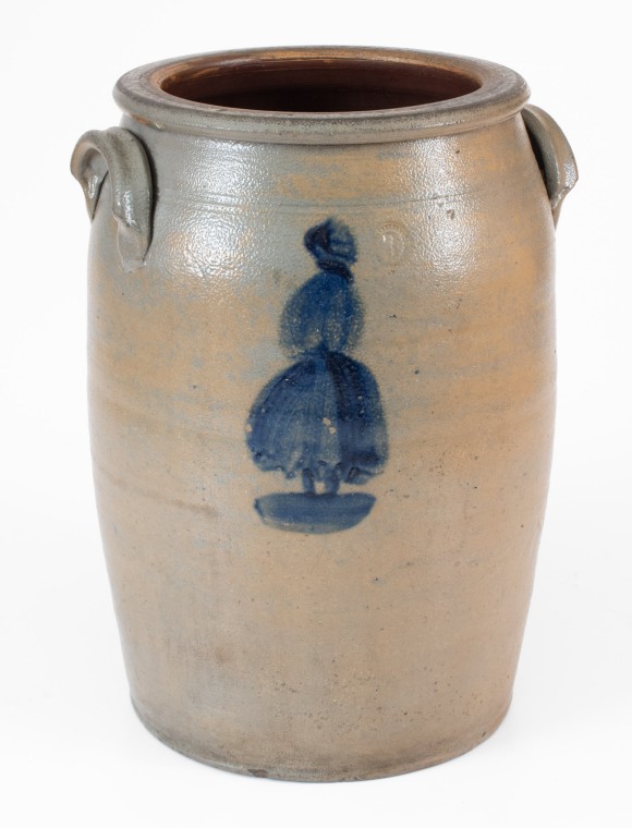Rare 3 Gal. Morgantown, WV Stoneware Jar w/ Woman Decorations, Thompson Pottery
