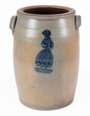 Rare 3 Gal. Morgantown, WV Stoneware Jar w/ Woman Decorations, Thompson Pottery