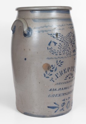 Fine 20 Gal. EAGLE POTTERY Stoneware Jar, T.F. REPPERT / SUCCESSOR TO / JAS. HAMILTON