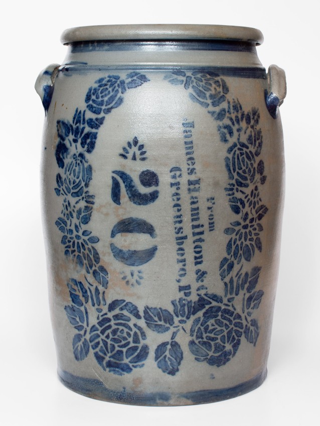 Rare and Fine 20 Gal. Stoneware Jar w/ Elaborate Rose Decoration, James Hamilton, Greensboro, PA