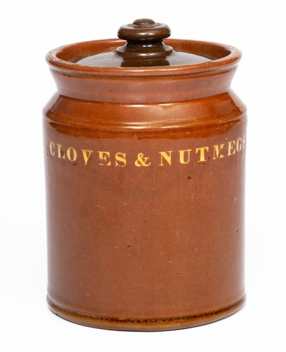 Rare and Fine Dodge Pottery, Portland, Maine Redware CLOVES & NUTMEGS Spice Jar