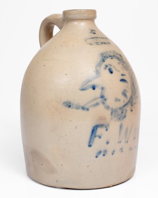 Rare Poughkeepsie, NY Stoneware Jug w/ Cobalt Smoking Face Decoration, Inscribed 