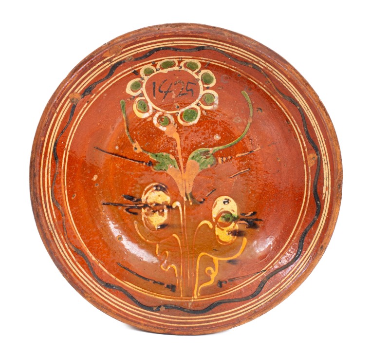 Scarce Eastern PA Redware Dish w/ Elaborate Three-Color Slip Floral Decoration, Dated 1825