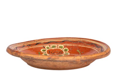 Scarce Eastern PA Redware Dish w/ Elaborate Three-Color Slip Floral Decoration, Dated 1825