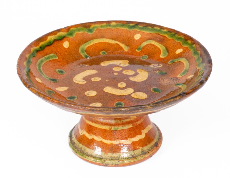 Exceedingly Rare Pennsylvania Redware Serving Dish w/ Two-Color Slip Decoration, 19th century