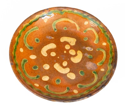 Exceedingly Rare Pennsylvania Redware Serving Dish w/ Two-Color Slip Decoration, 19th century