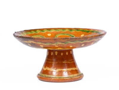 Exceedingly Rare Pennsylvania Redware Serving Dish w/ Two-Color Slip Decoration, 19th century